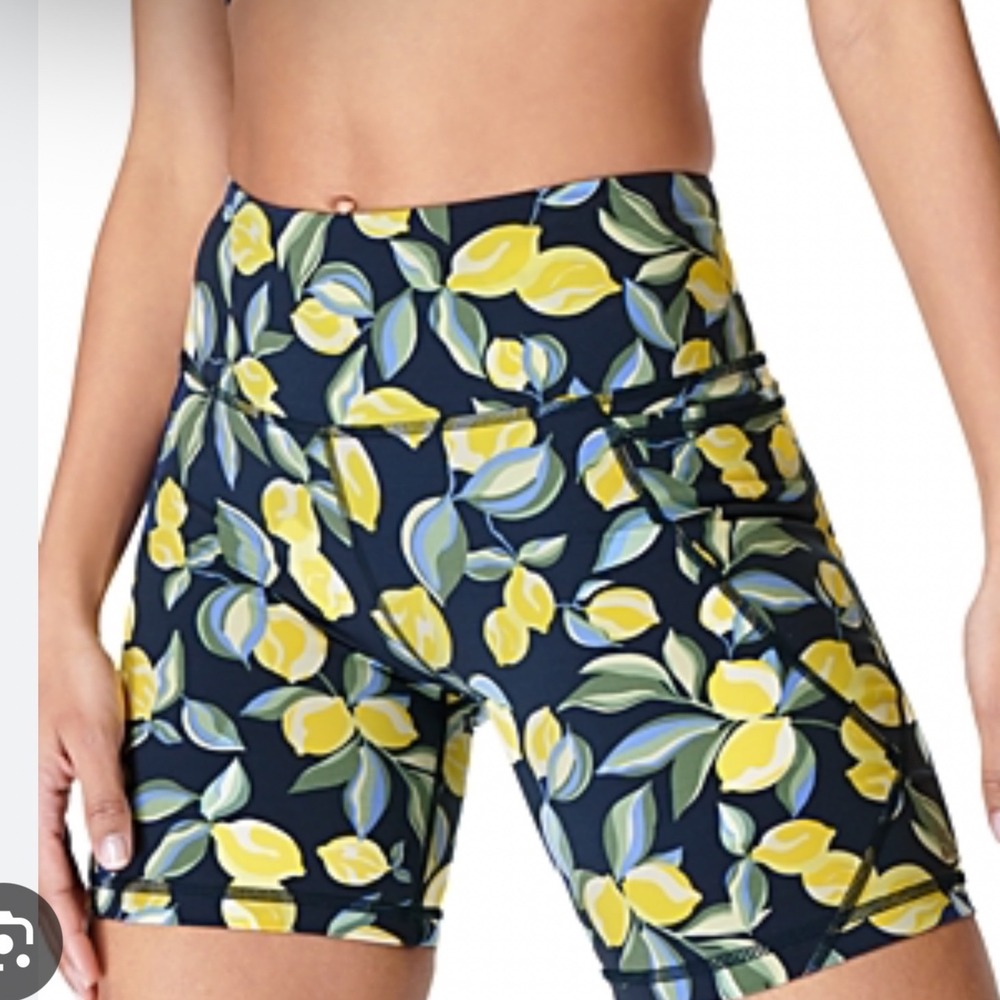 Sweaty‎ Betty Power 6" Biker Shorts Navy Blue Lemon Print Womens Size 14 XXL